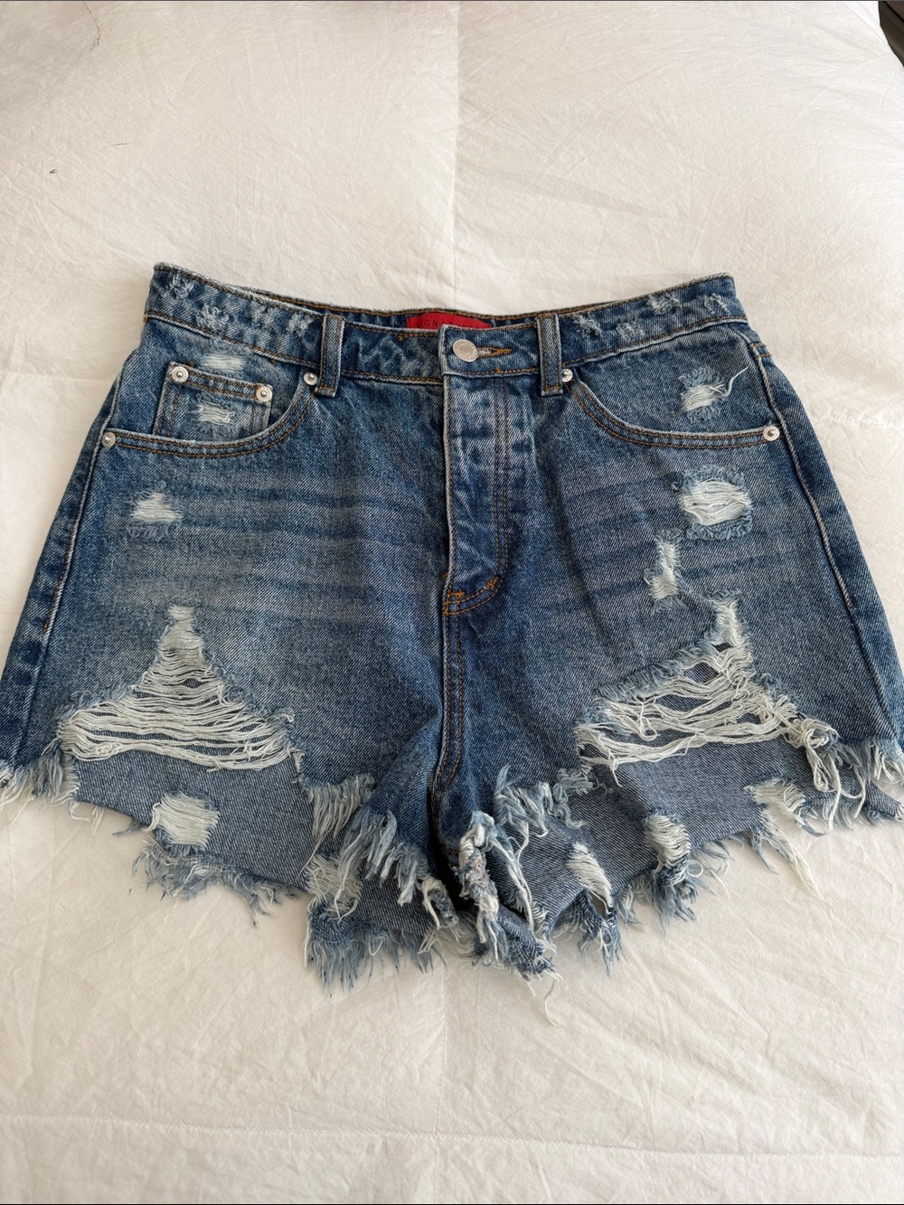 Distressed High-Waist Denim Shorts - Blue